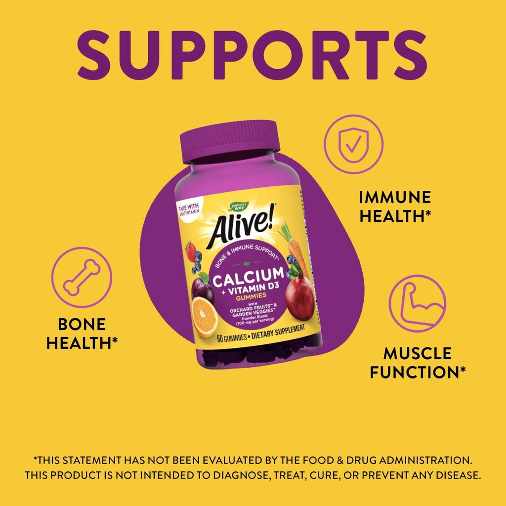 Nature's Way Alive! Premium Calcium + D3 Gummies, Supports Healthy Bones & Muscles*, Strawberry and Raspberry Lemonade Flavored, 60 Gummies