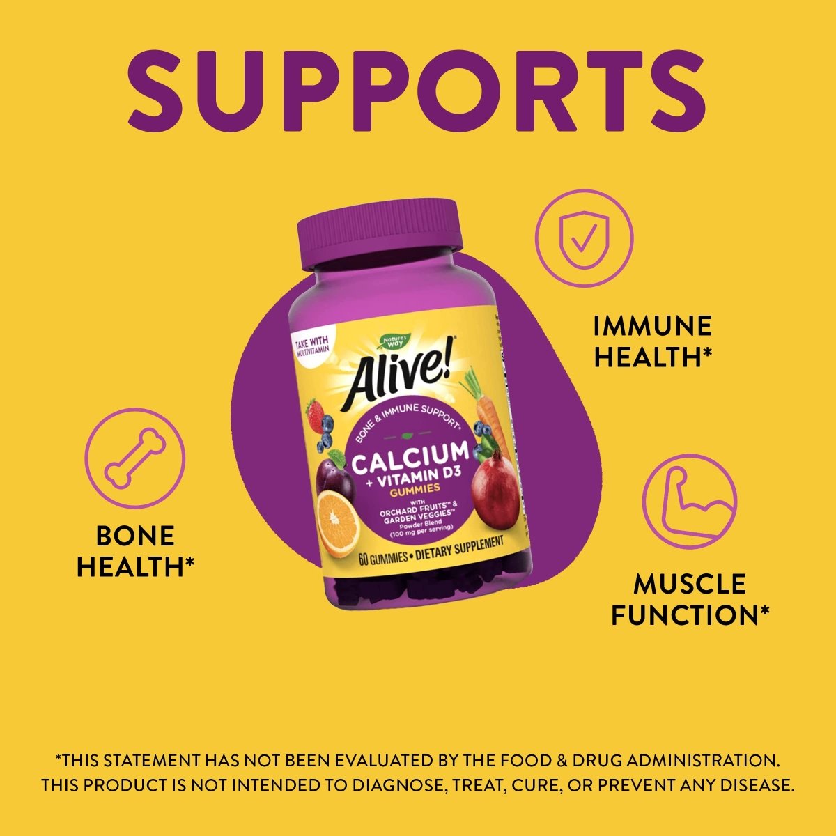 Nature's Way Alive! Premium Calcium + D3 Gummies, Supports Healthy Bones & Muscles*, Strawberry and Raspberry Lemonade Flavored, 60 Gummies
