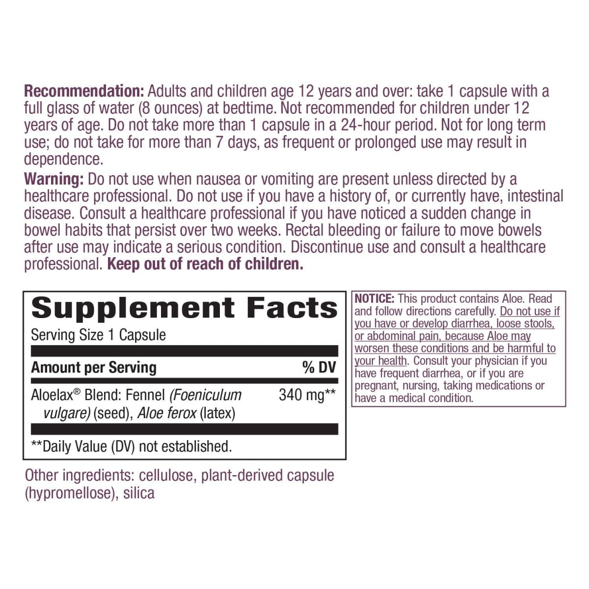 Nature's Way Aloelax, Premium Blend, with Fennel Seed, Occasional Constipation*, 340 mg, Vegan, 100 Capsules