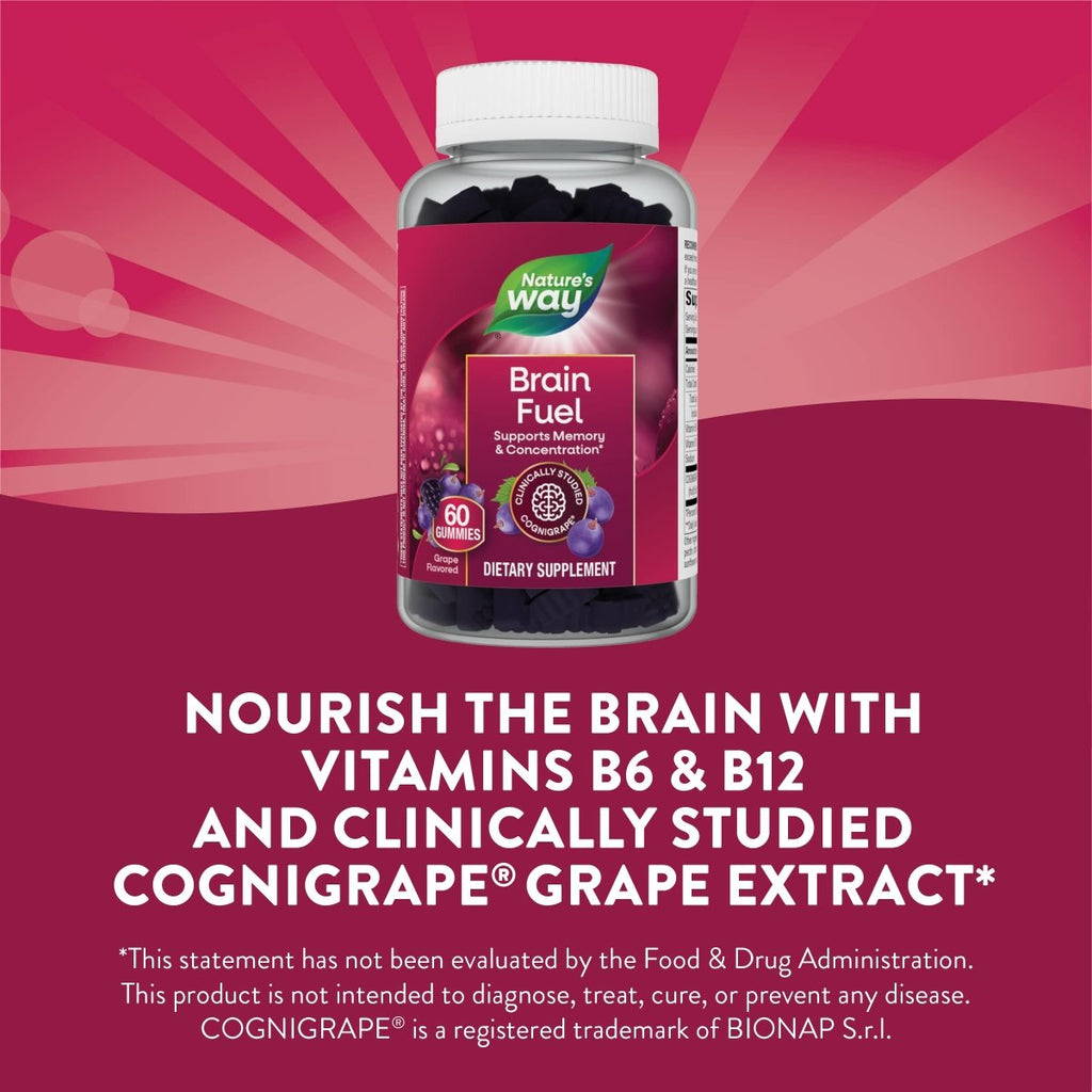 Nature's Way Brain Fuel, Supports Memory and Concentration*, Clinically Studied Cognigrape?, 60 Gummies, Grape Flavored