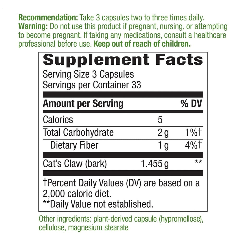 Nature's Way Cat?s Claw Bark, Traditional Health Tonic*, 1,455mg per serving, 100 Capsules
