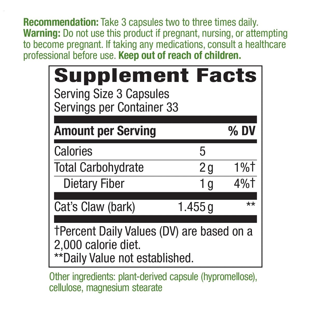 Nature's Way Cat?s Claw Bark, Traditional Health Tonic*, 1,455mg per serving, 100 Capsules