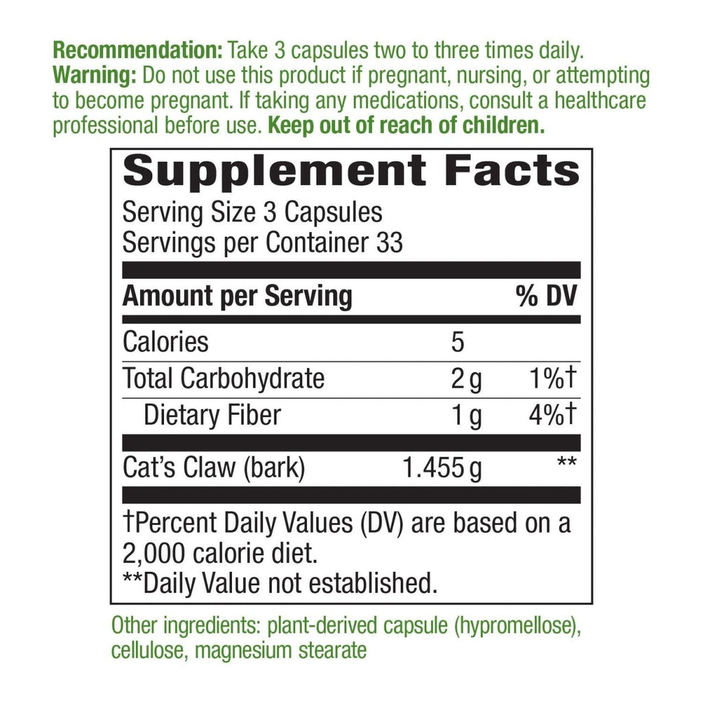 Nature's Way Cat?s Claw Bark, Traditional Health Tonic*, 1,455mg per serving, 100 Capsules