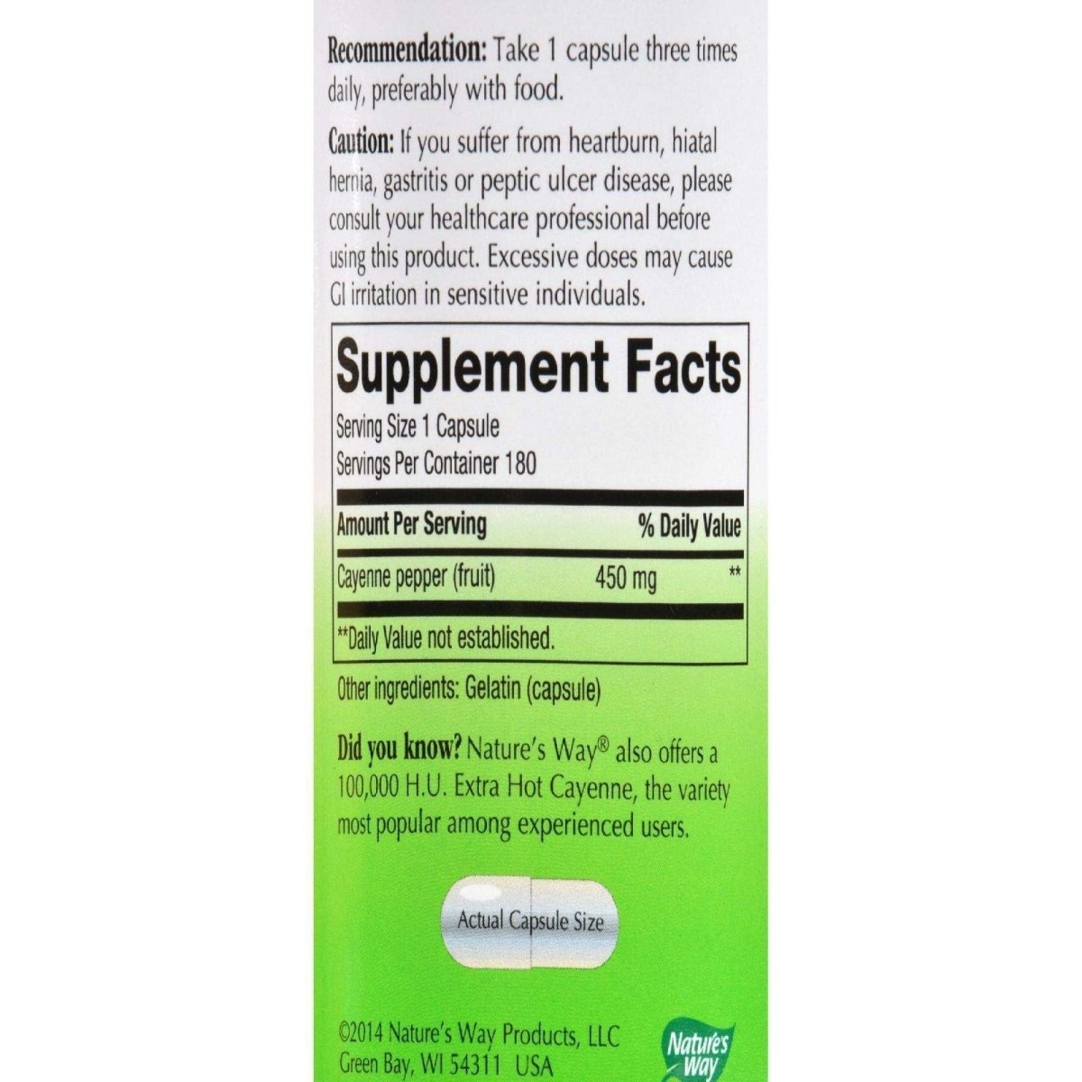 Natures Way Cayenne, 450mg 180 Capsules