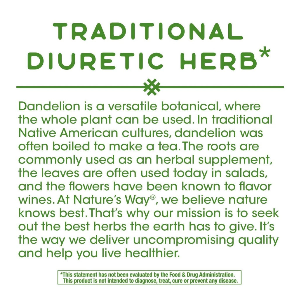 Nature's Way Dandelion Root Diuretic Herb* 525 mg per Capsule Non-GMO Project Verified Gluten Free Vegan 180 Count