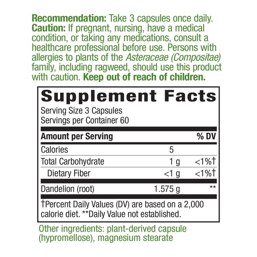 Nature's Way Dandelion Root Diuretic Herb* 525 mg per Capsule Non-GMO Project Verified Gluten Free Vegan 180 Count