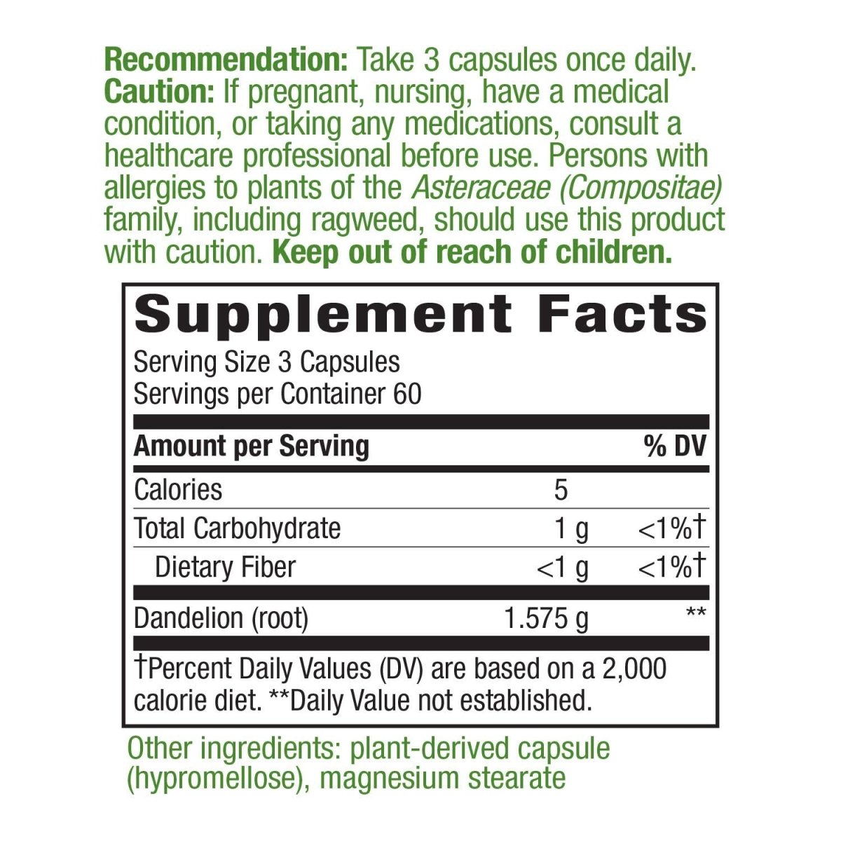 Nature's Way Dandelion Root Diuretic Herb* 525 mg per Capsule Non-GMO Project Verified Gluten Free Vegan 180 Count