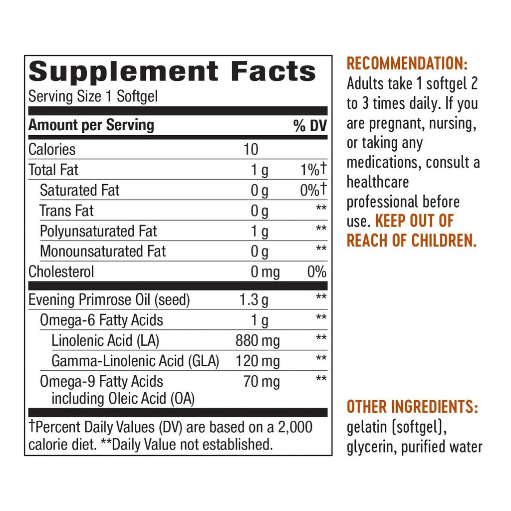 Nature's Way Evening Primrose Oil, Max Strength, Cold Pressed, Unrefined, 1300mg with 120 mg GLA per serving, 60 Softgels