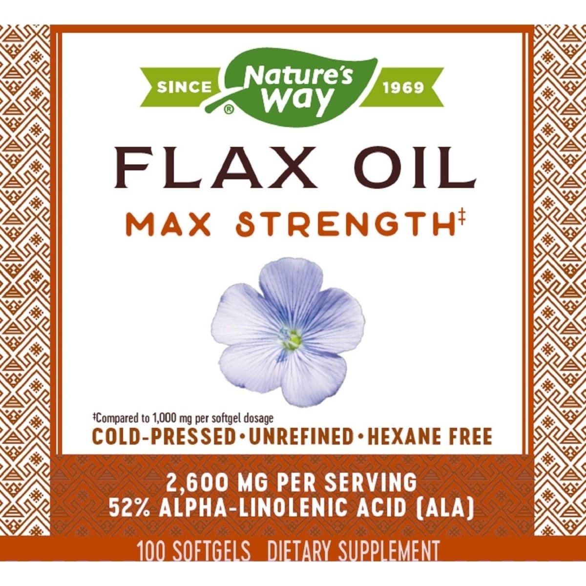 Nature's Way Flax Oil Max Strength, Cold Pressed and Unrefined, Contains Omega-3 Fatty Acid, 100 Softgels