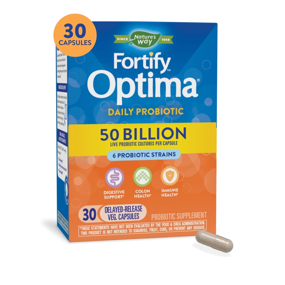 Nature's Way Fortify Optima 50 Billion Daily Probiotic, 50 Billion Live Cultures, 6 Probiotic Strains, Supports Digestive and Immune Health, 30 Capsules