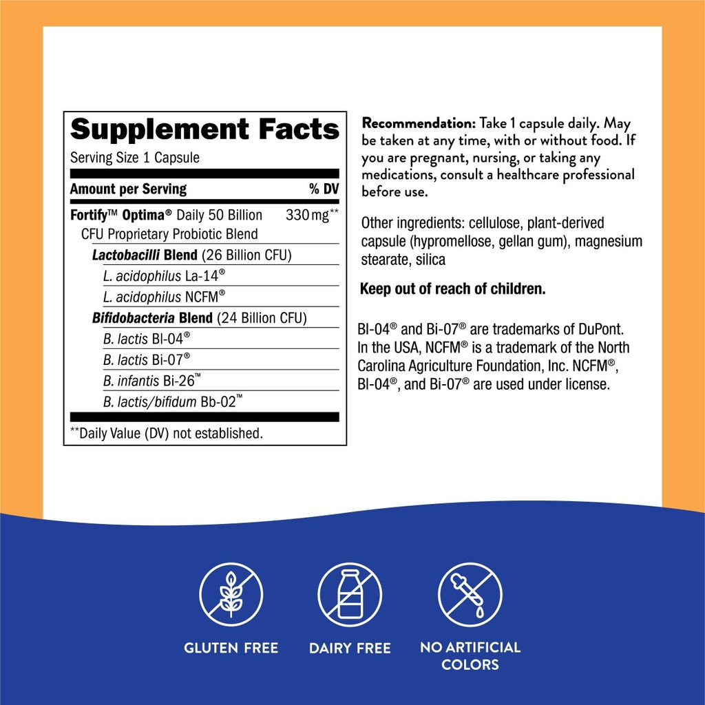 Nature's Way Fortify Optima 50 Billion Daily Probiotic, 50 Billion Live Cultures, 6 Probiotic Strains, Supports Digestive and Immune Health, 30 Capsules