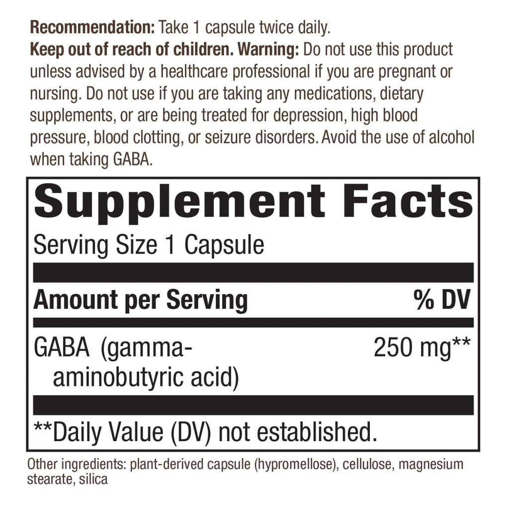 Nature's Way GABA, Gamma-Aminobutyric Acid 250 mg Potency, 60 VCaps