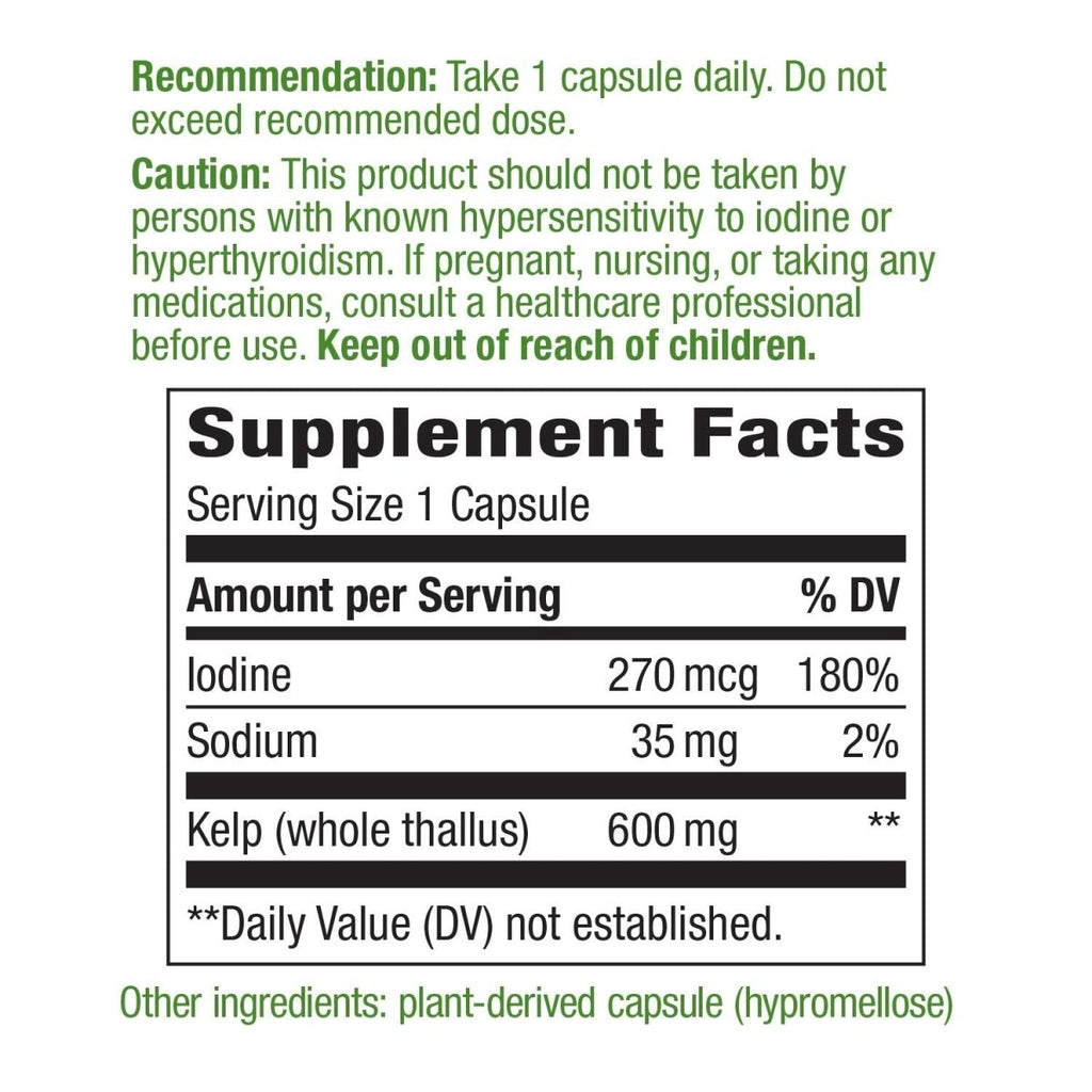 Nature's Way Kelp; 600 mg Non-GMO Project Verified Gluten Free Vegetarian; 100 Count