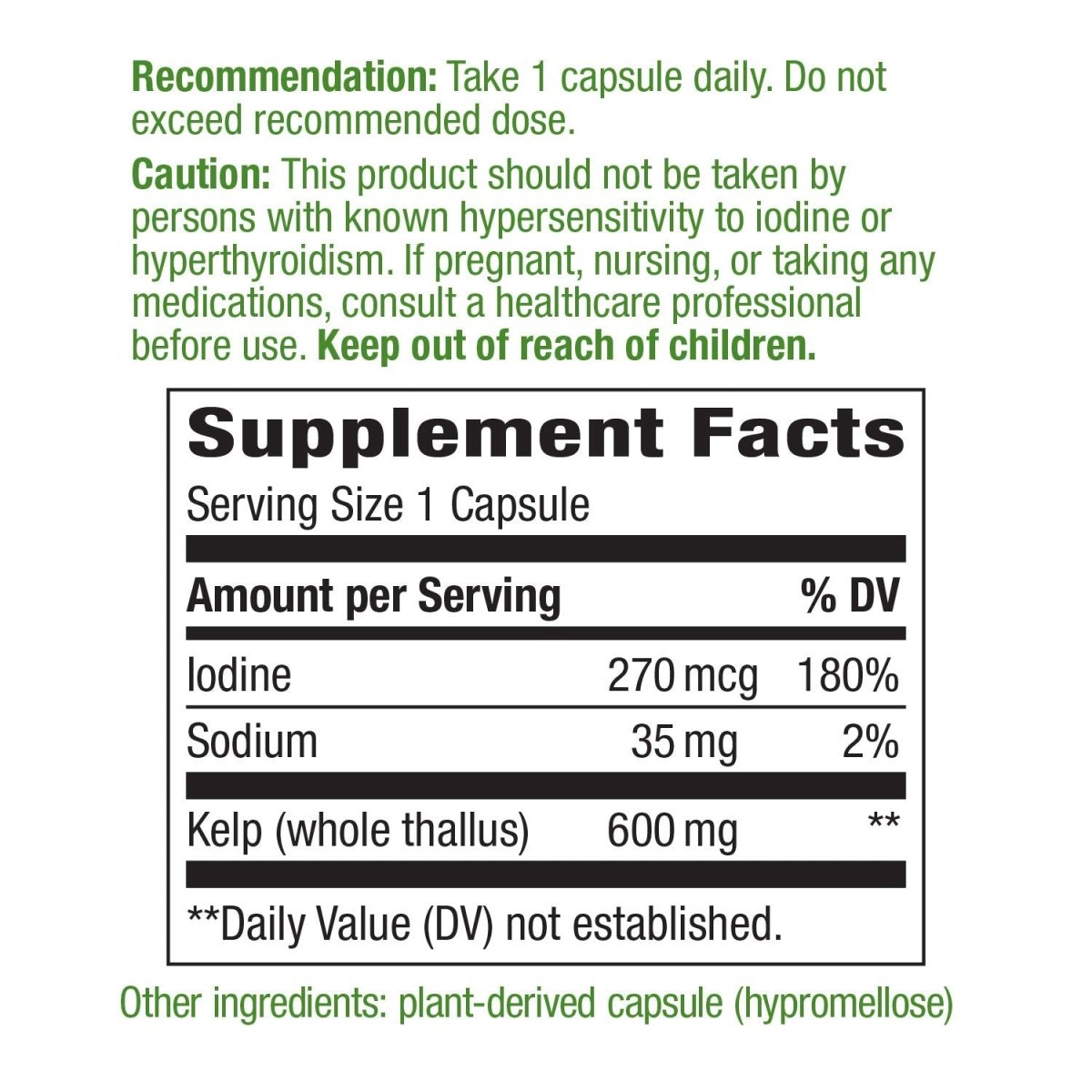 Nature's Way Kelp; 600 mg Non-GMO Project Verified Gluten Free Vegetarian; 100 Count