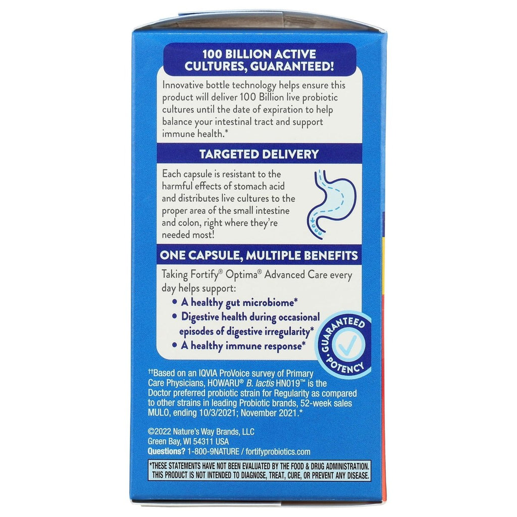 Nature's Way Natures Way Fortify Optima Daily Probiotic, 100 Billion, 15 Strains, Prebiotic, 30 Capsules, 30 Count