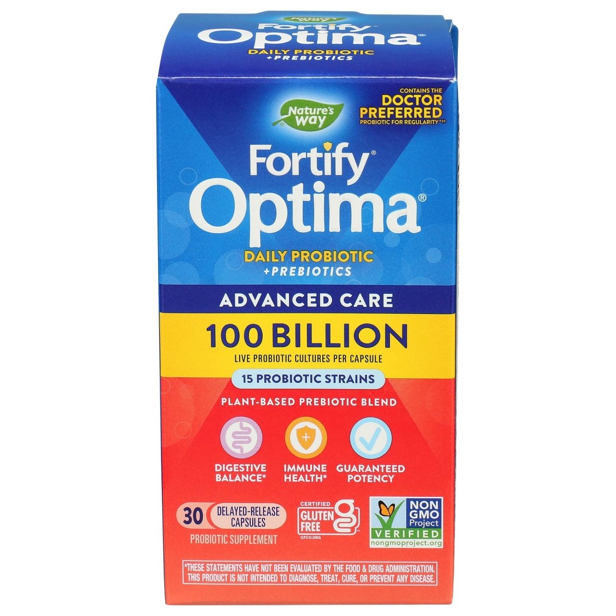 Nature's Way Natures Way Fortify Optima Daily Probiotic, 100 Billion, 15 Strains, Prebiotic, 30 Capsules, 30 Count