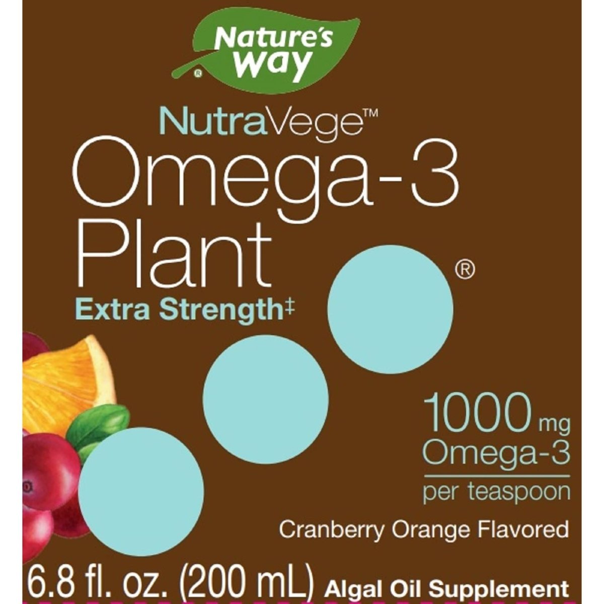 Nature's Way NutraVege Plant Based Omega-3 Extra Strength**, Eye, Heart, and Brain Health*, Cranberry-Orange Flavored Liquid, 6.8 oz