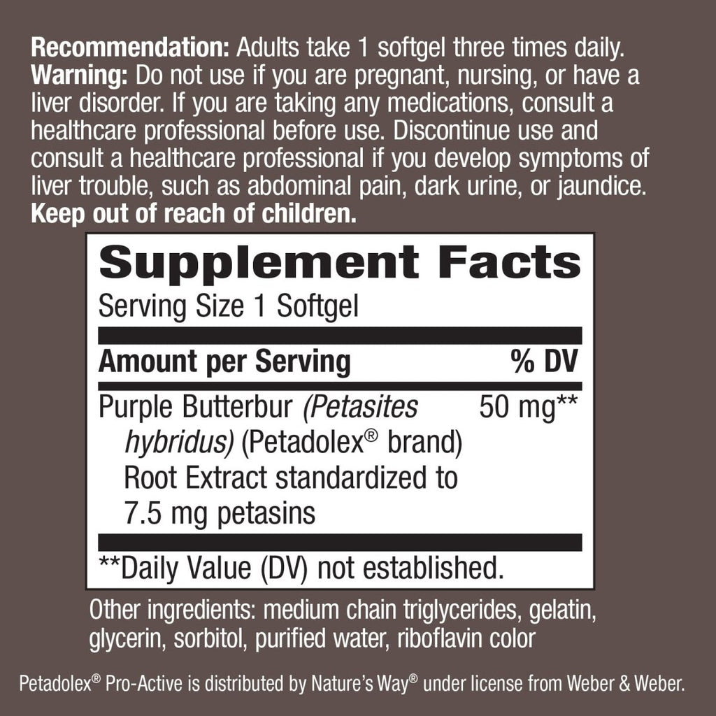 Nature's Way Petadolex Pro-Active Blood Vessel Health with Butterbur, 50 mg per serving, 60 Softgels