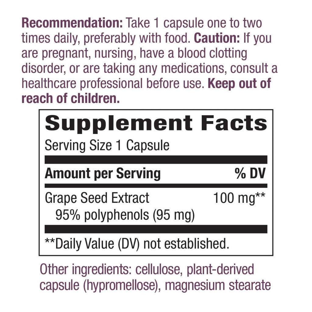 Nature's Way Premium Extract Grape Seed Standardized to 95% Polyphenols, 100 mg per serving, 60 VCaps