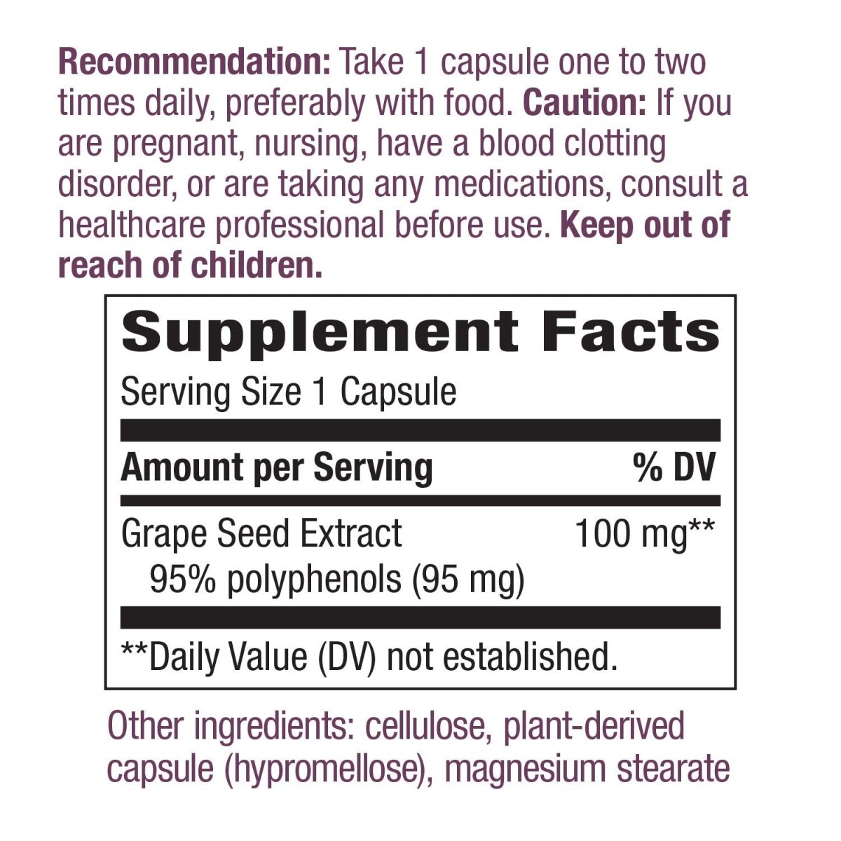Nature's Way Premium Extract Grape Seed Standardized to 95% Polyphenols, 100 mg per serving, 60 VCaps