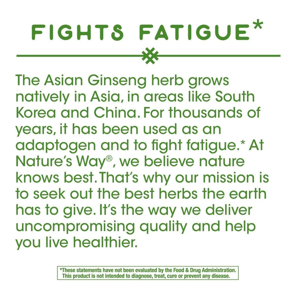 Nature's Way Premium Herbal Asian Ginseng, Fights Fatigue*, 1,120 mg per serving, Vegan, 100 Capsules