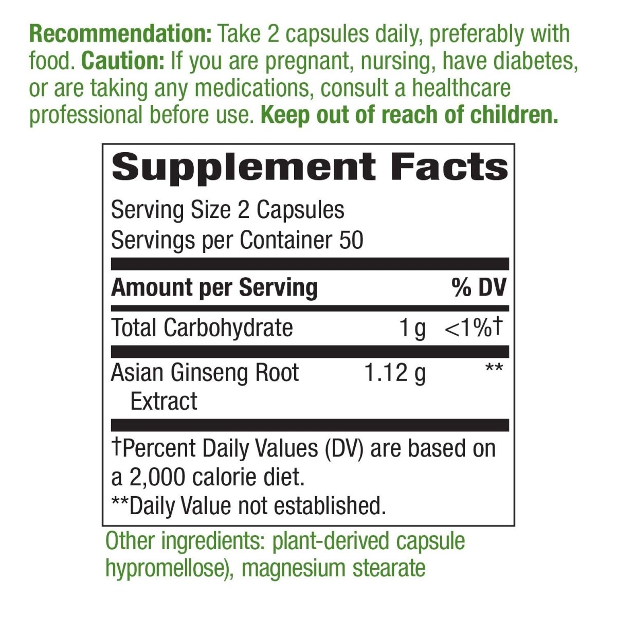 Nature's Way Premium Herbal Asian Ginseng, Fights Fatigue*, 1,120 mg per serving, Vegan, 100 Capsules