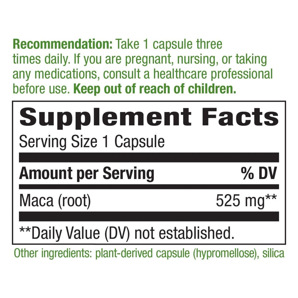 Nature's Way Premium Herbal Maca Root 525 mg, 100 Vcaps, Maca (root),Boost Energy Plant-Derived Capsule (Hypromellose),Silica