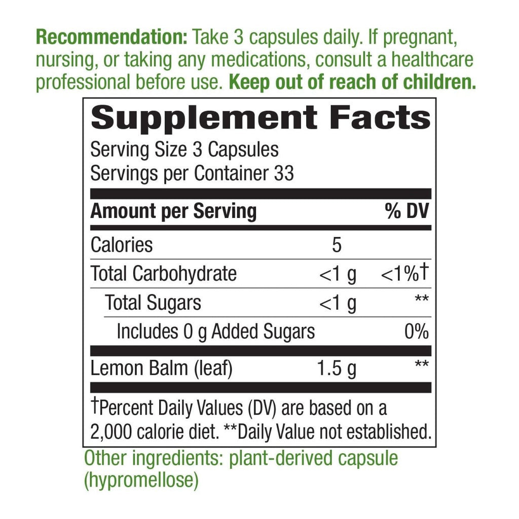 Nature's Way Premium Herbal Melissa Lemon Balm Leaf, 1,500 mg per serving, 100 VCaps