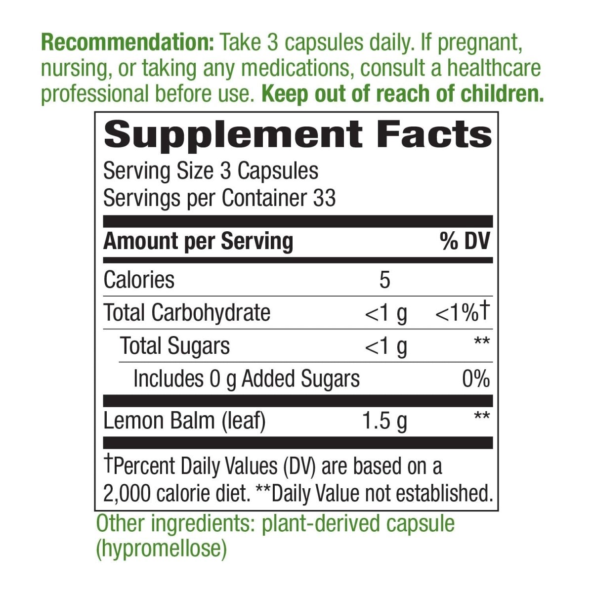Nature's Way Premium Herbal Melissa Lemon Balm Leaf, 1,500 mg per serving, 100 VCaps