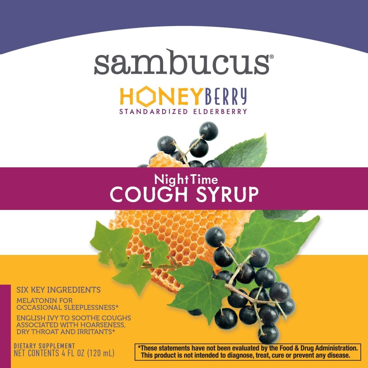 Nature's Way Sambucus HoneyBerry NightTime Cough Syrup - Soothing Relief for Cough and Occasional Sleeplessness - 4 Fl. Oz