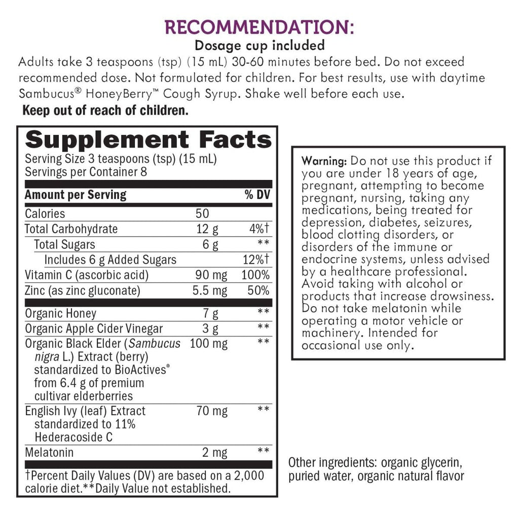 Nature's Way Sambucus HoneyBerry NightTime Cough Syrup - Soothing Relief for Cough and Occasional Sleeplessness - 4 Fl. Oz