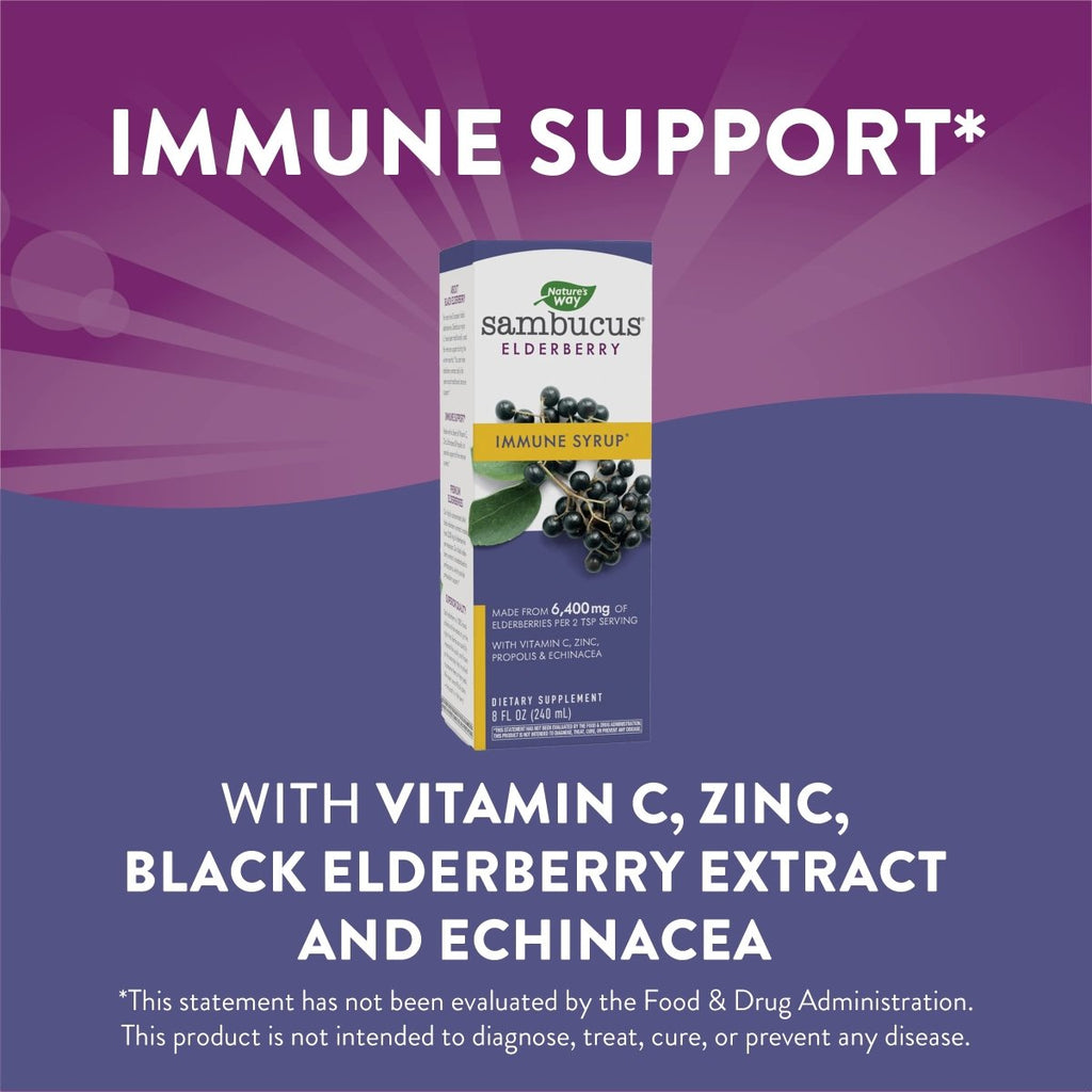 Nature's Way Sambucus Immune Elderberry Syrup - Powerful Immune Support with Vitamin C, Echinacea, and Zinc 8 oz