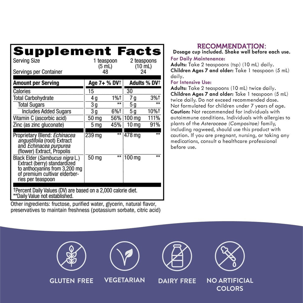 Nature's Way Sambucus Immune Elderberry Syrup - Powerful Immune Support with Vitamin C, Echinacea, and Zinc 8 oz