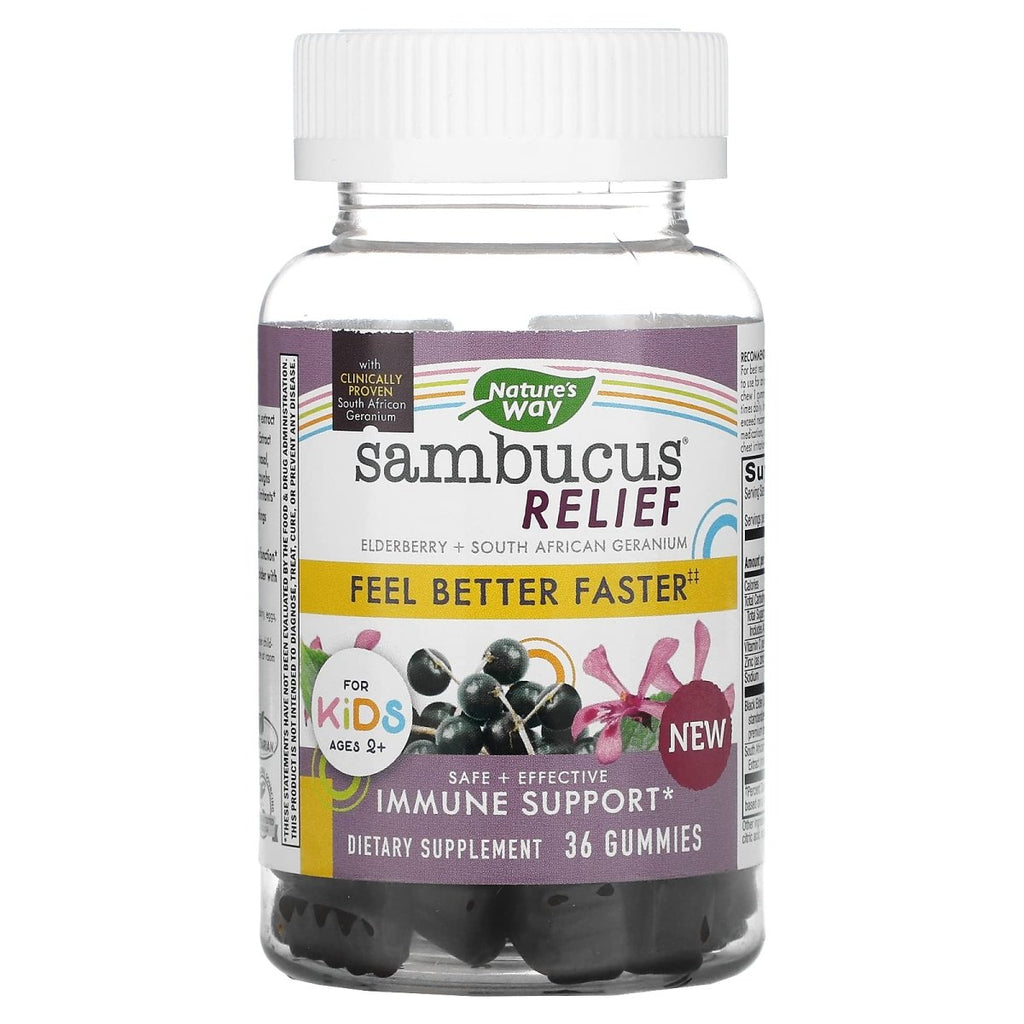 Nature's Way, Sambucus Relief, Immune Support, for Kids, 2+, Elderberry + South African Geranium, 36 Gummies