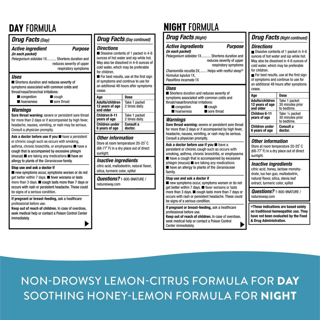 Nature's Way Umcka ColdCare Day + Night, Soothing Hot Drink Mixes, Lemon & Honey Flavors, 12 Packets