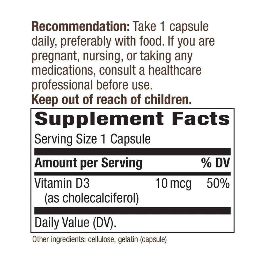 Nature's Way Vitamin D3 Dry Form, Supports Healthy Bones and Immune Function*, 10mcg Per Serving, 100 Capsules