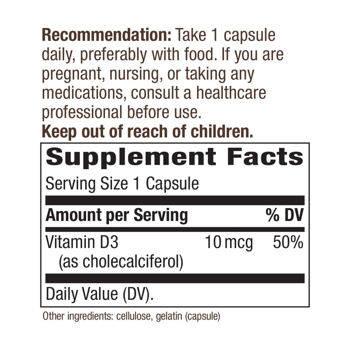 Nature's Way Vitamin D3 Dry Form, Supports Healthy Bones and Immune Function*, 10mcg Per Serving, 100 Capsules