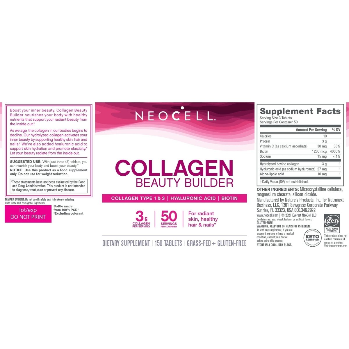 NeoCell Collagen Beauty Builder With Hyaluronic Acid and Biotin, Skin, Hair and Nails Supplement, Includes Antioxidants, Tablet, 150 Count, 1 Bottle