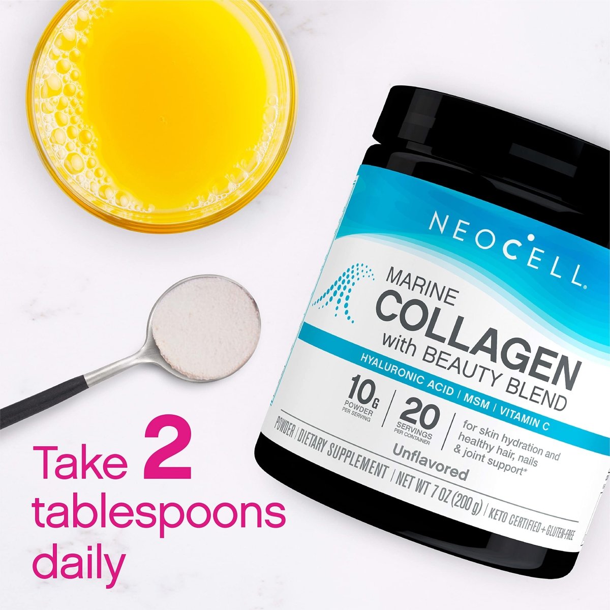 NeoCell Marine Collagen with Beauty Blend; for Skin Hydration; Healthy Hair, Nails and Joint Support; Keto Certified, Gluten Free; Unflavored Powder, 7 Ounces, 20 Servings*