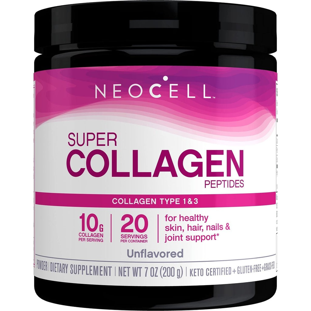 NeoCell Super Collagen Peptides, 10g Collagen Peptides per Serving, Gluten Free, Keto Friendly, Non-GMO, Grass Fed, Healthy Hair, Skin, Nails and Joints, Unflavored Powder, 7 oz., 1 Canister