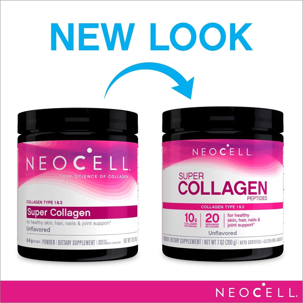 NeoCell Super Collagen Peptides, 10g Collagen Peptides per Serving, Gluten Free, Keto Friendly, Non-GMO, Grass Fed, Healthy Hair, Skin, Nails and Joints, Unflavored Powder, 7 oz., 1 Canister