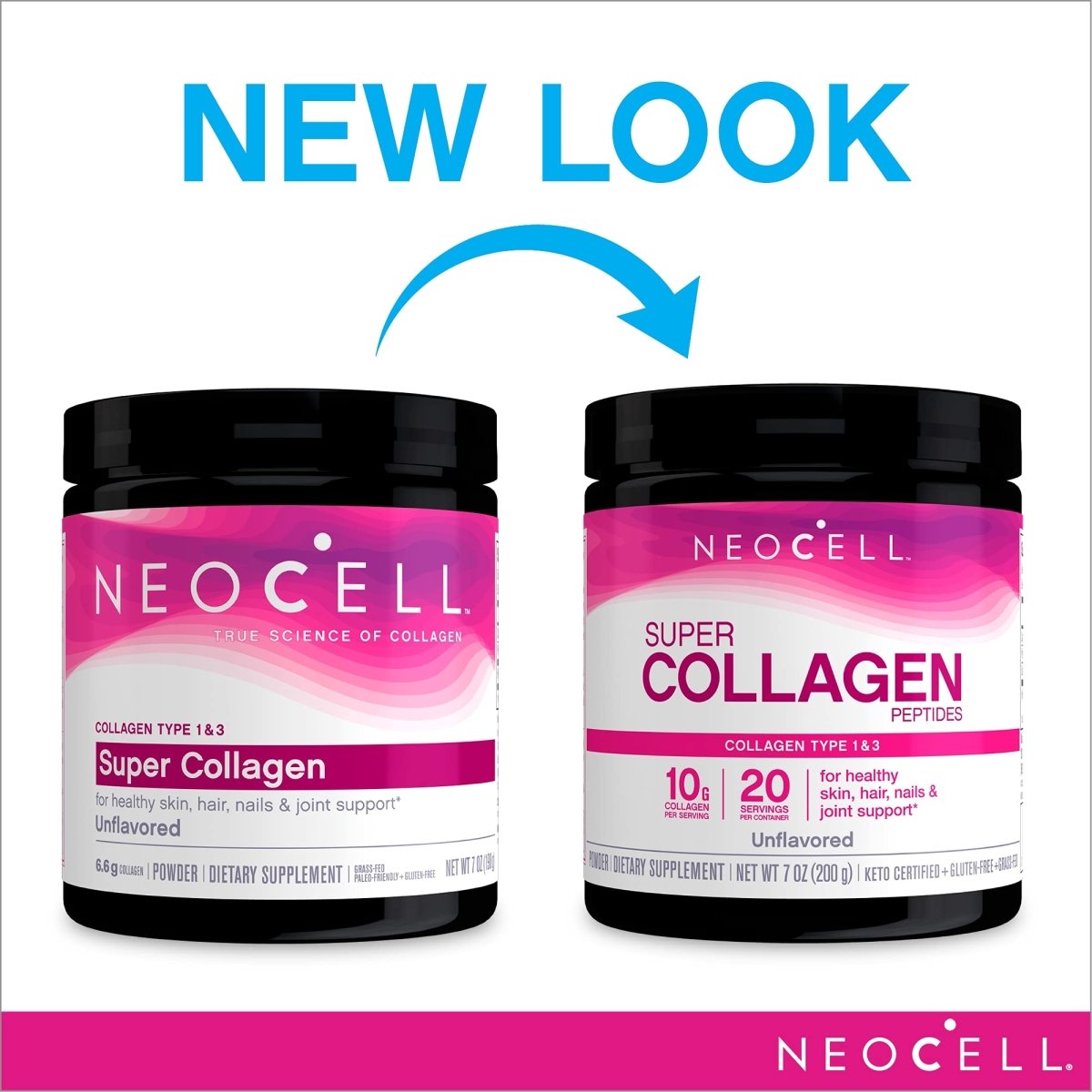 NeoCell Super Collagen Peptides, 10g Collagen Peptides per Serving, Gluten Free, Keto Friendly, Non-GMO, Grass Fed, Healthy Hair, Skin, Nails and Joints, Unflavored Powder, 7 oz., 1 Canister