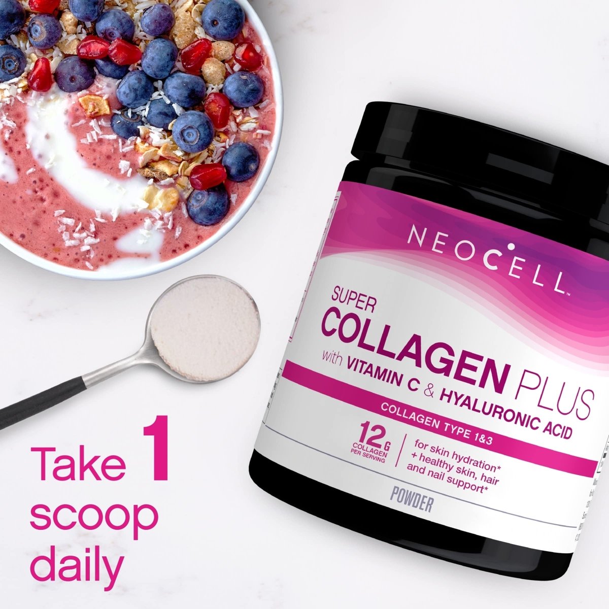 NeoCell Super Collagen Plus With Vitamin C and Hyaluronic Acid, For Skin Hydration and Healthy Skin, Hair and Nails Support, Unflavored, Collagen Powder, 6.9 oz., 1 Canister
