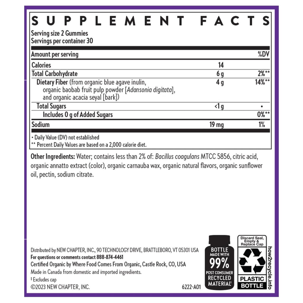 New Chapter Organic Fiber Gummies for Adults, up to 8g Plant-Based Prebiotic Fiber for Digestive Health, Vegan, Non-GMO, USDA Organic, Gluten Free, Citrus-Berry Flavored, 60 ct