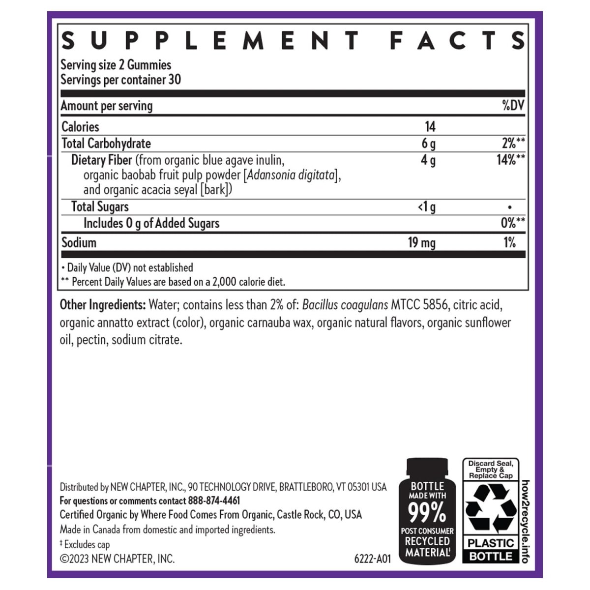 New Chapter Organic Fiber Gummies for Adults, up to 8g Plant-Based Prebiotic Fiber for Digestive Health, Vegan, Non-GMO, USDA Organic, Gluten Free, Citrus-Berry Flavored, 60 ct
