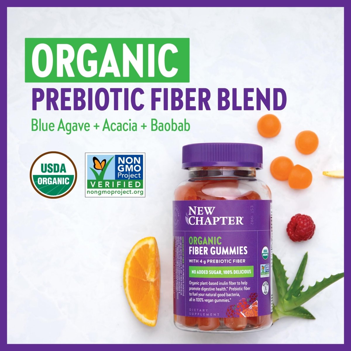 New Chapter Organic Fiber Gummies for Adults, up to 8g Plant-Based Prebiotic Fiber for Digestive Health, Vegan, Non-GMO, USDA Organic, Gluten Free, Citrus-Berry Flavored, 60 ct