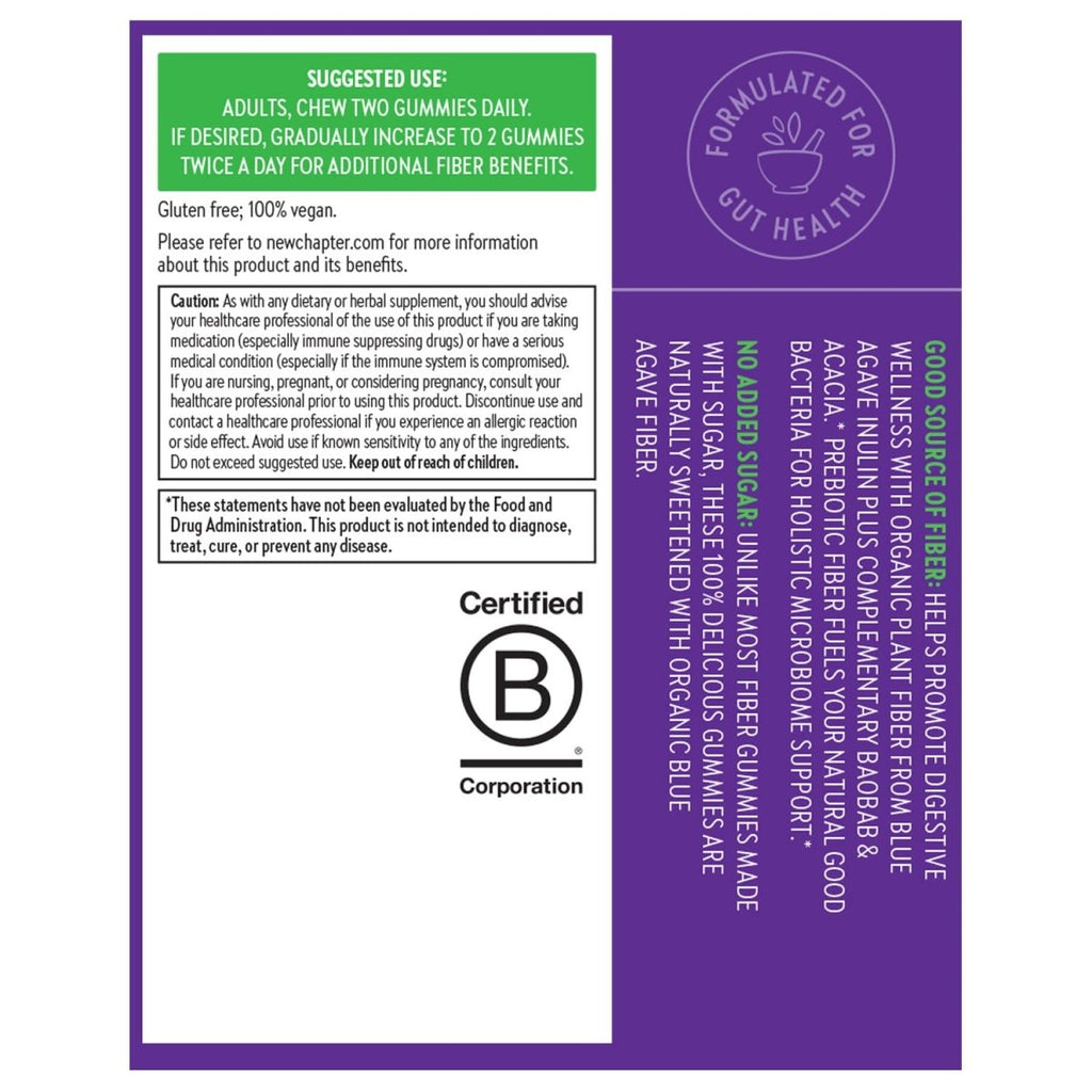 New Chapter Organic Fiber Gummies for Adults, up to 8g Plant-Based Prebiotic Fiber for Digestive Health, Vegan, Non-GMO, USDA Organic, Gluten Free, Citrus-Berry Flavored, 60 ct
