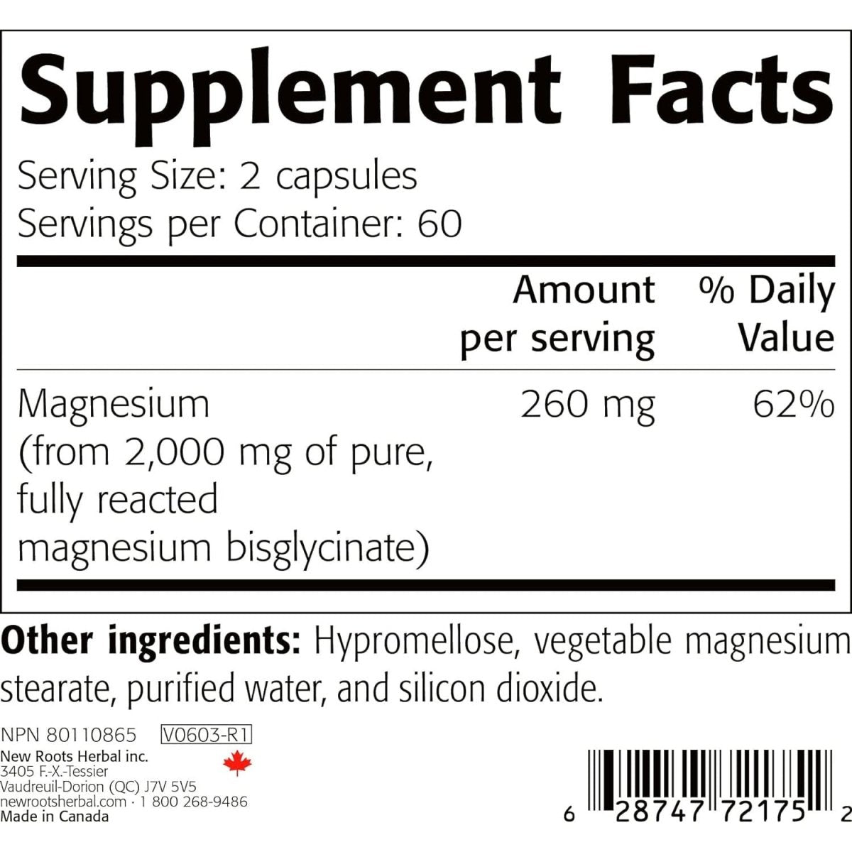 New Roots Herbal Pure Magnesium Bisglycinate 130 mg 120 Capsules