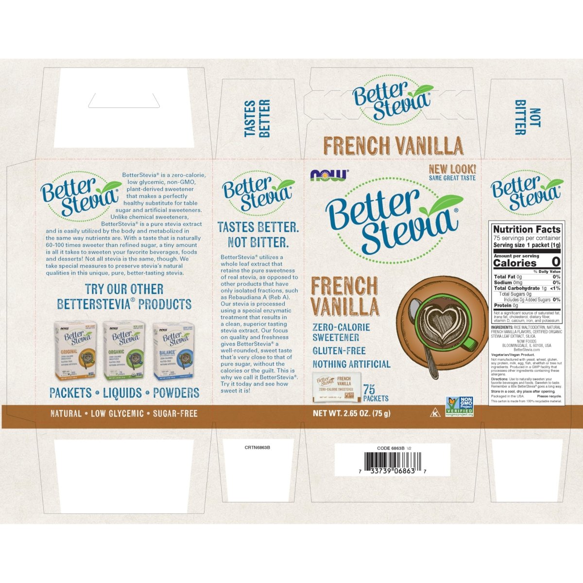 Now Foods BetterStevia French Vanilla 75 Packets Per Box - 6863