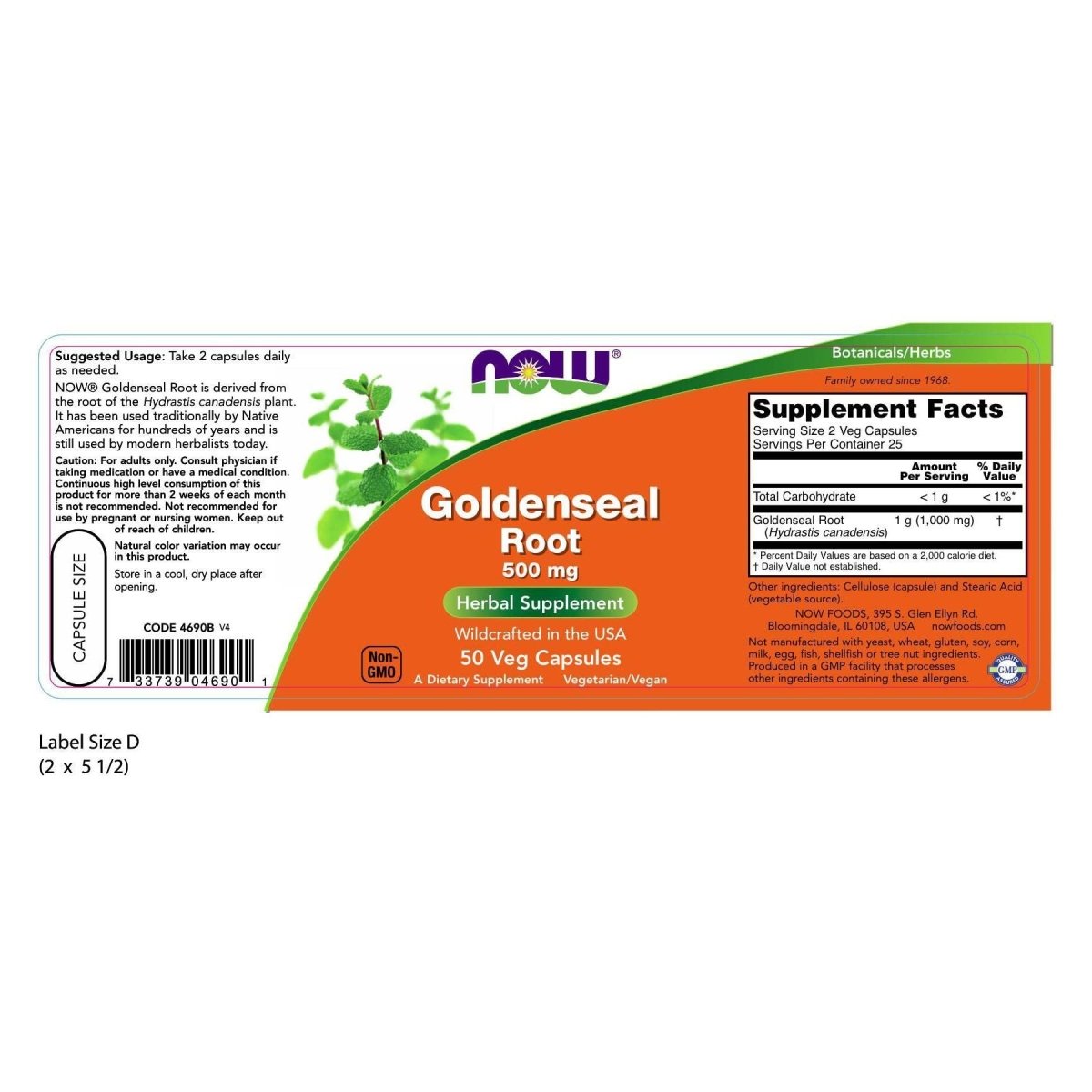 Now Foods Goldenseal Root 500 mg 50 Vcaps - 4690